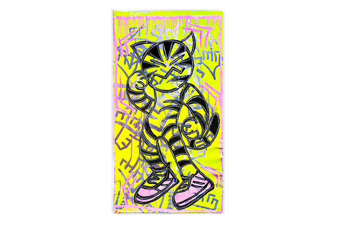 Graffiti-inspired street art on a vibrant yellow background: a stylized tiger with bold black outlines and hot pink sneakers stands in fierce confidence. Its body pulses like a soundwave, merging techno energy with wild instinct. This 80x80 cm piece radiates freedom, rebellion, and feminine urban power — a raw tribute to untamed rhythm and neon spirit.