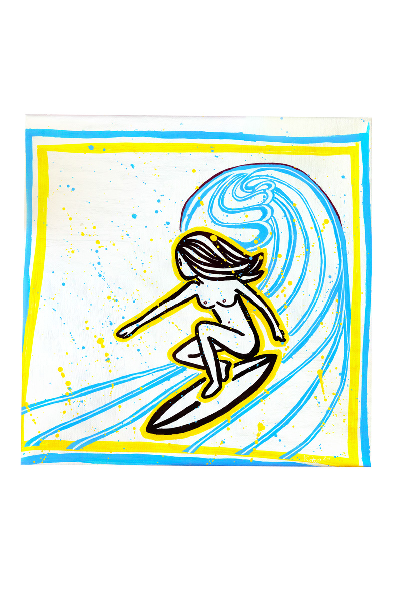 Soul Wave Sisters by Kate Ozé – a confident female surfer riding a dynamic blue wave with bold yellow accents, expressing freedom, flow, and feminine strength.